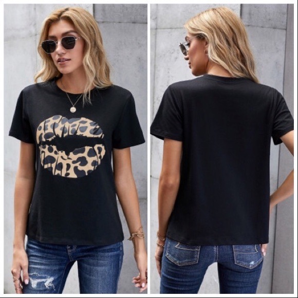 NEW‼️Black Vintage Kiss Leopard Lip- top tee - Picture 3 of 6